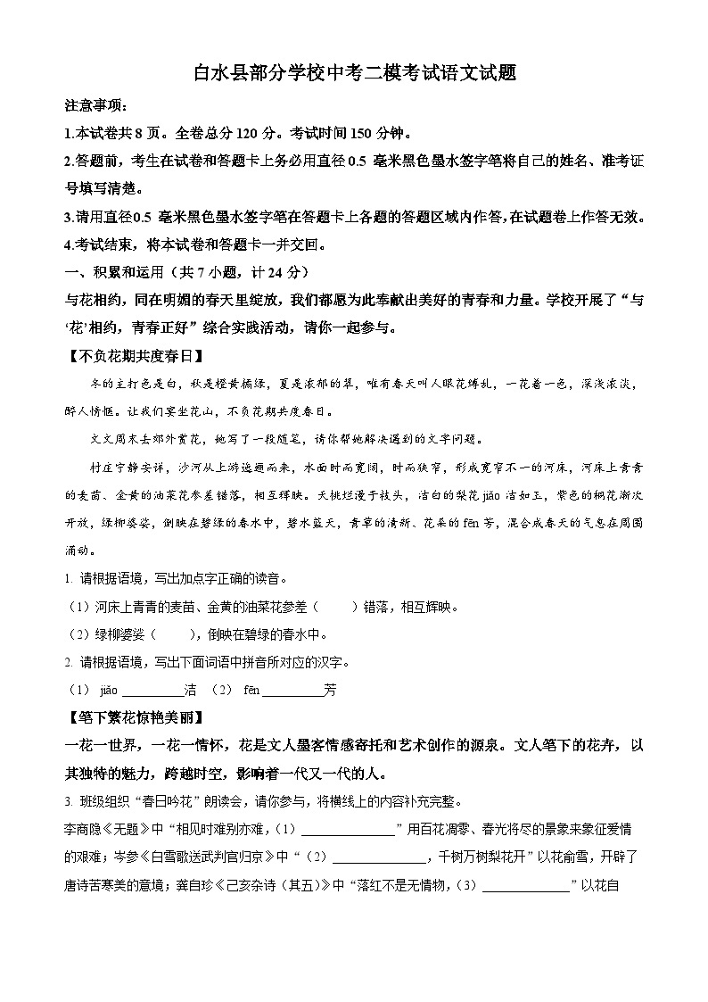 2024年陕西省白水县部分学校中考二模语文试题（原卷版+解析版）01