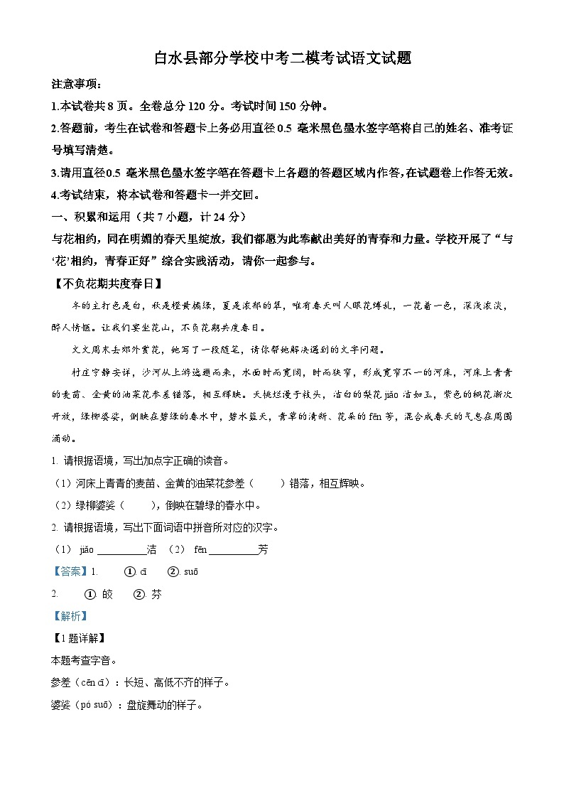 2024年陕西省白水县部分学校中考二模语文试题（原卷版+解析版）01