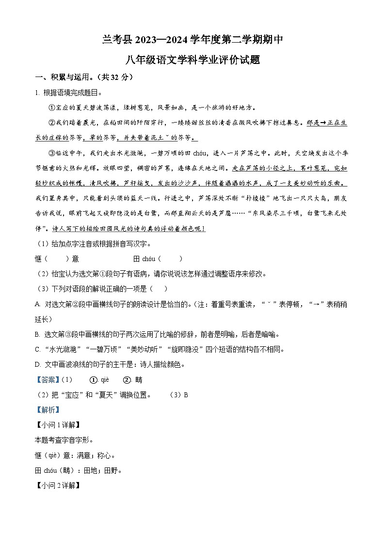 河南省开封市兰考县2023-2024学年八年级下学期期中语文试题（解析版）第1页
