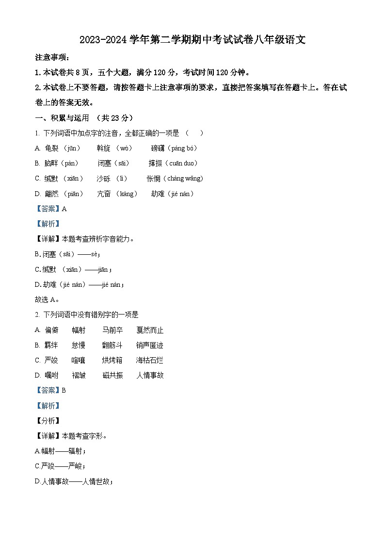 河南省濮阳市南乐县2023-2024学年八年级下学期期中语文试题（解析版）第1页