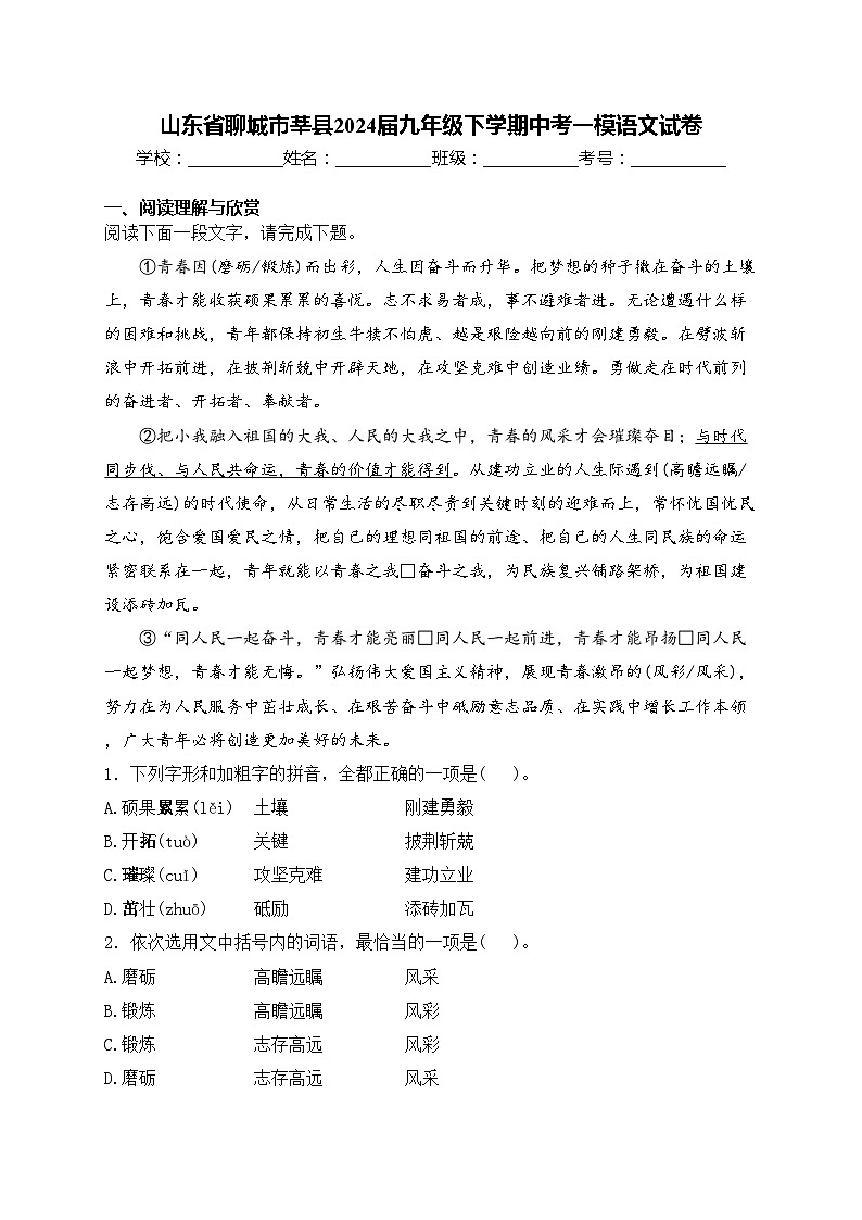 山东省聊城市莘县2024届九年级下学期中考一模语文试卷(含答案)01