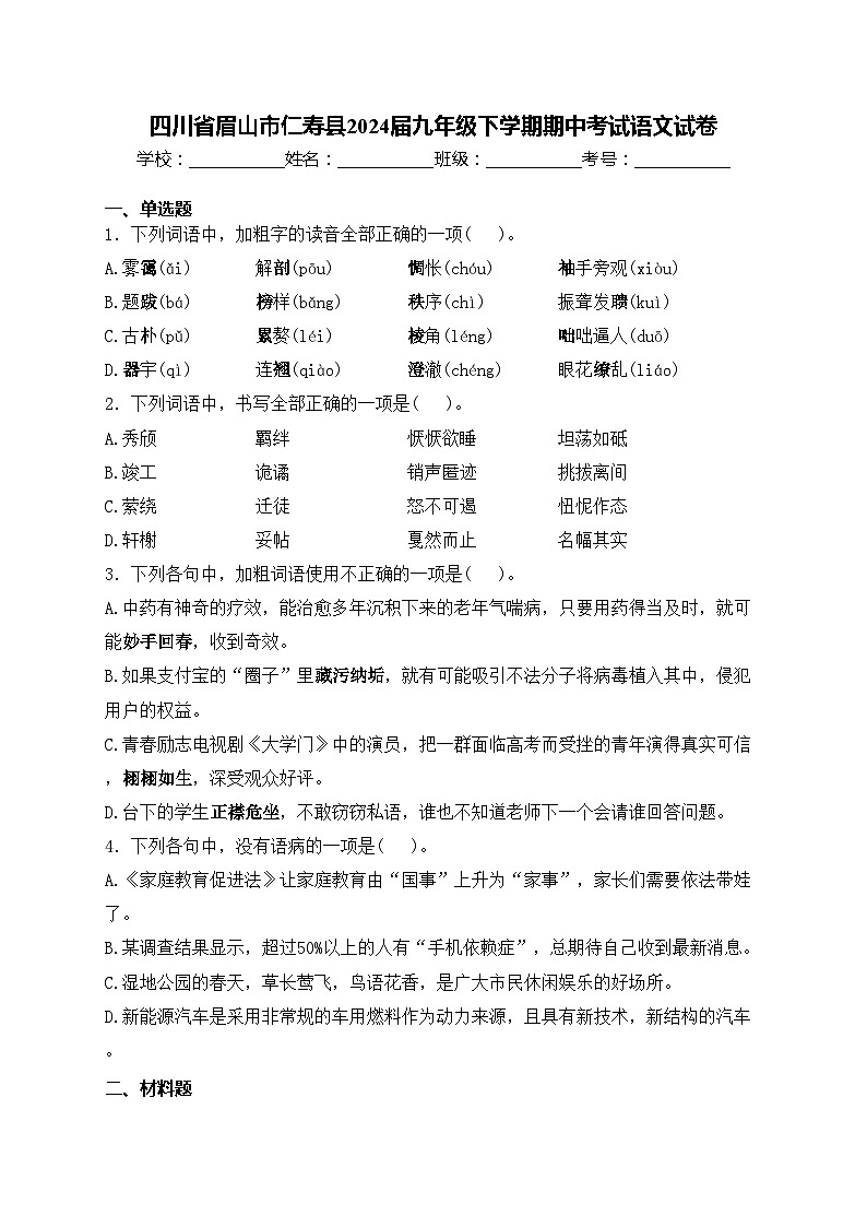 四川省眉山市仁寿县2024届九年级下学期期中考试语文试卷(含答案)第1页