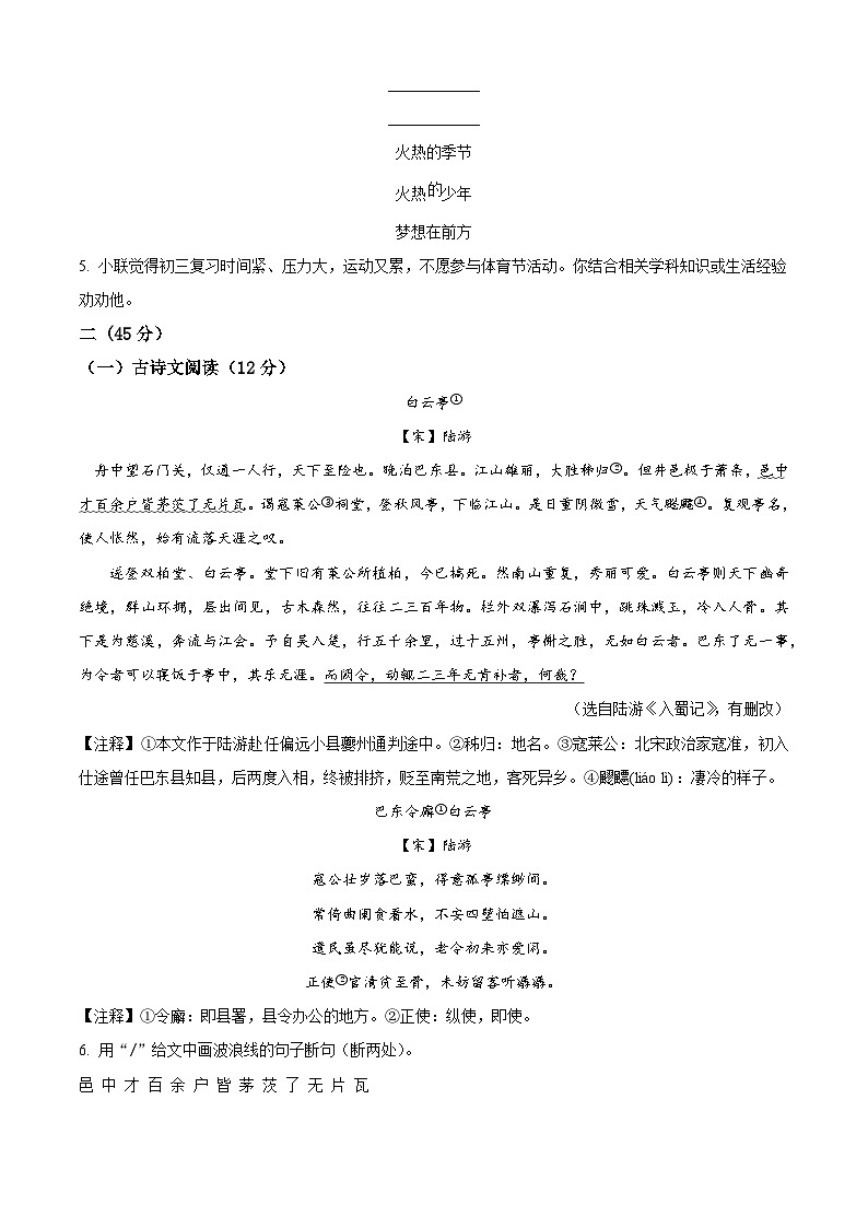 2024年江苏省南京市六合区中考一模语文试题（原卷版）第2页
