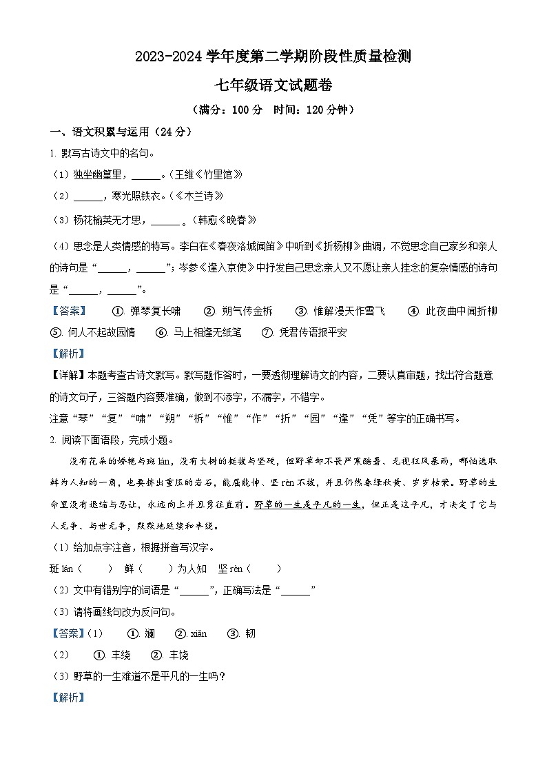 安徽省合肥市琥珀教育集团2023-2024学年七年级下学期期中语文试题（原卷版+解析版）01