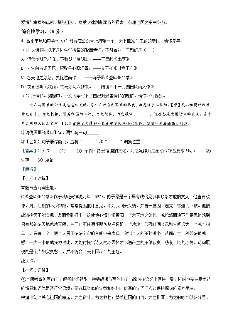 安徽省合肥市琥珀教育集团2023-2024学年七年级下学期期中语文试题（原卷版+解析版）03