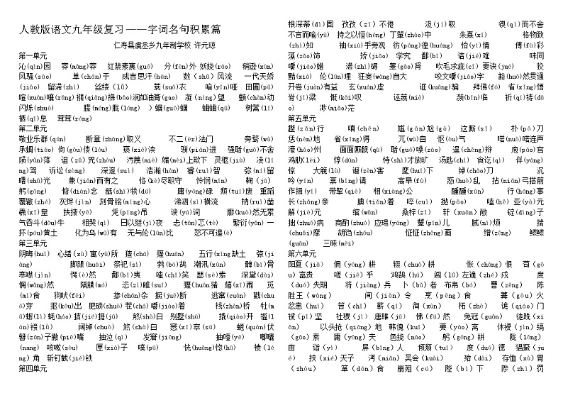 人教版语文九年级复习练习——字词名句积累第1页