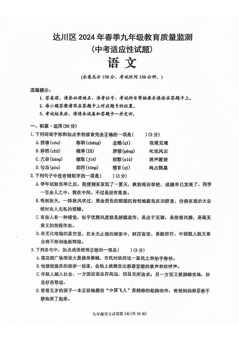 四川省达川区2024年春季九年级教育质量监测（中考适应性试题）语文01
