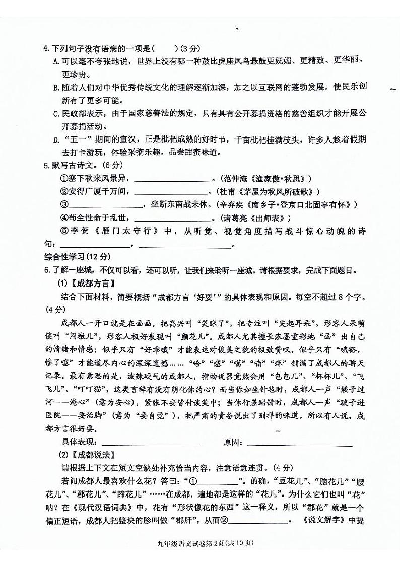 四川省达川区2024年春季九年级教育质量监测（中考适应性试题）语文02