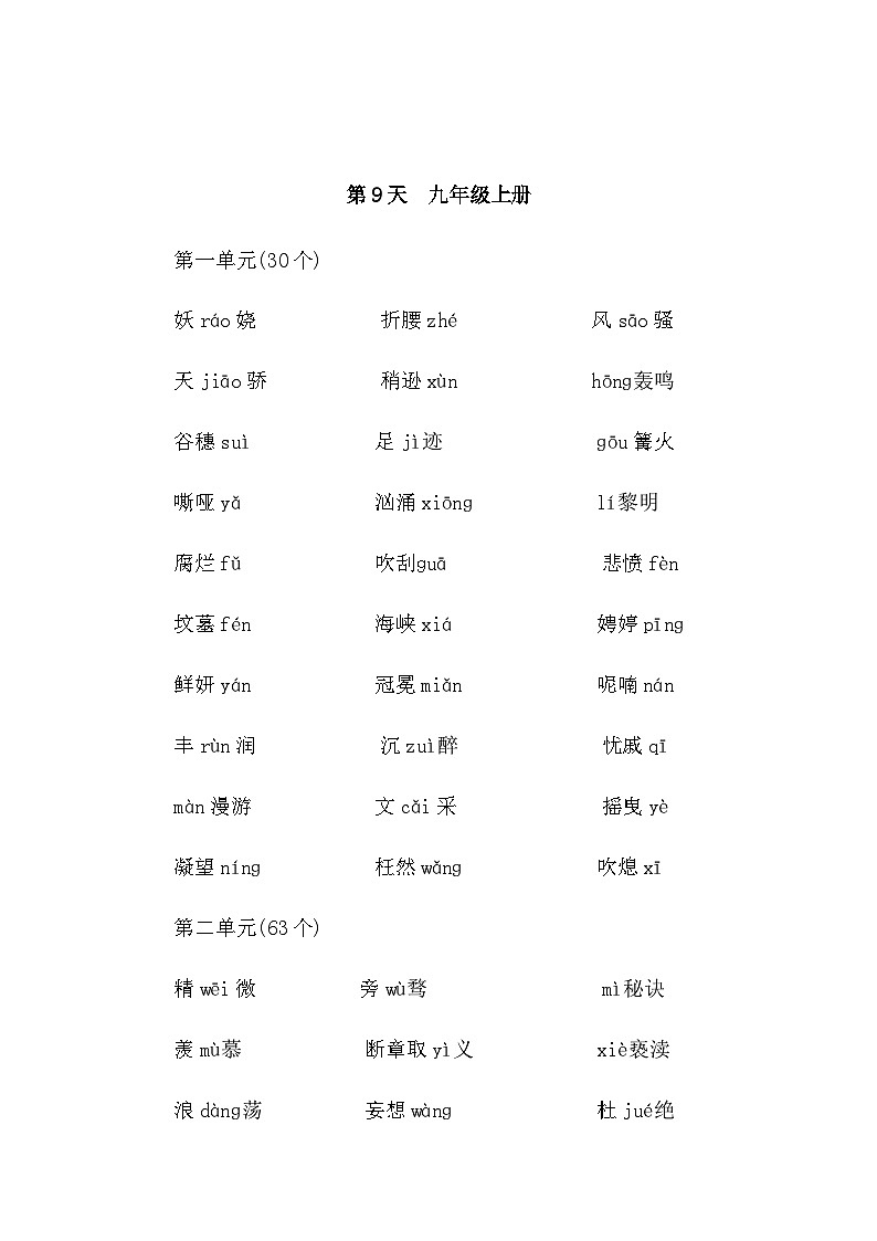 中考语文复习知识点第9天九年级上册字音字形默写第1页