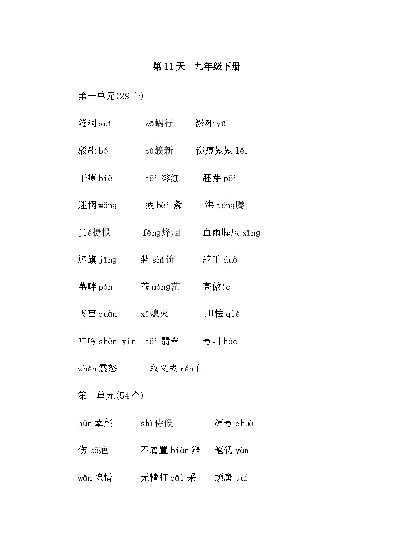 中考语文复习知识点第11天九年级下册字音字形默写第1页
