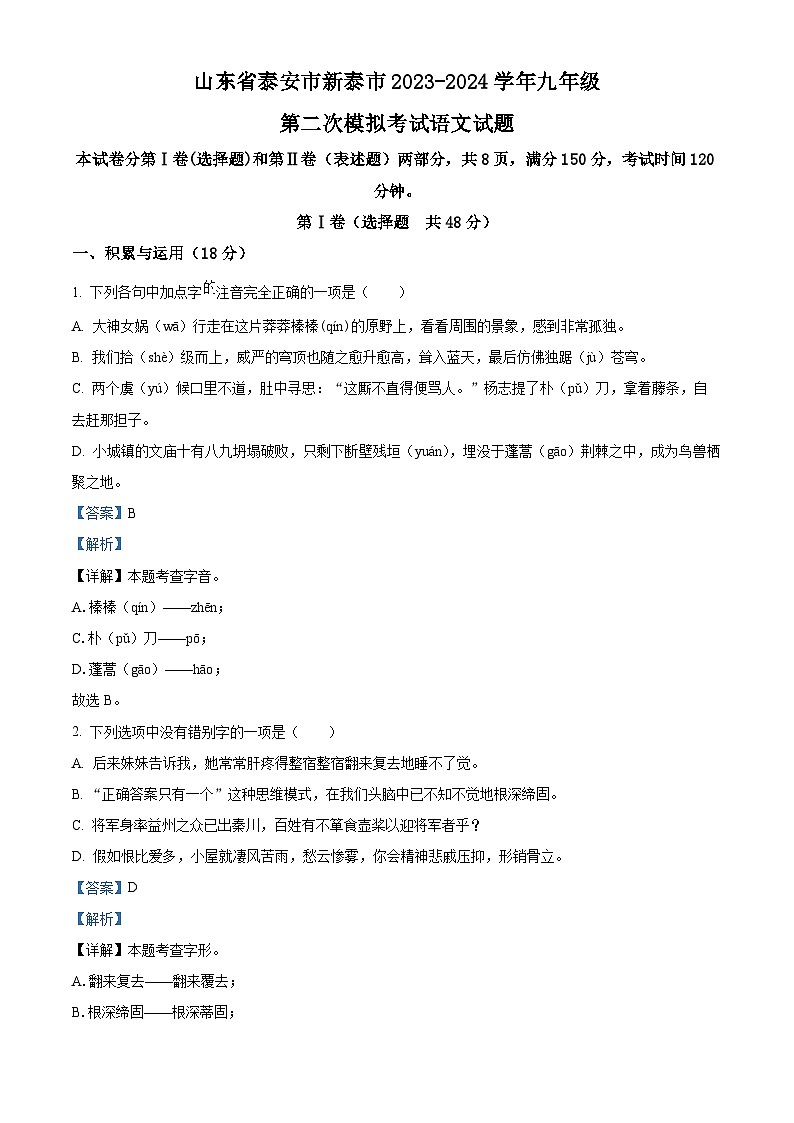 2024年山东省新泰市中考二模语文试题（原卷版+解析版）01