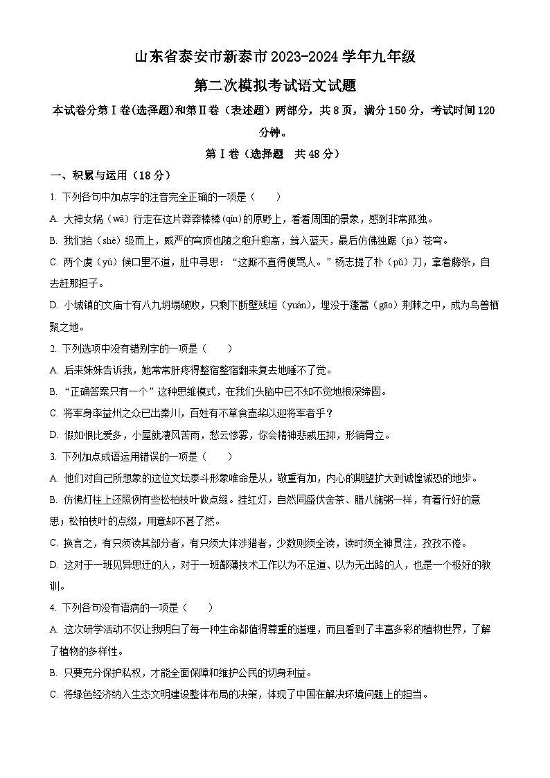 2024年山东省新泰市中考二模语文试题（原卷版+解析版）01