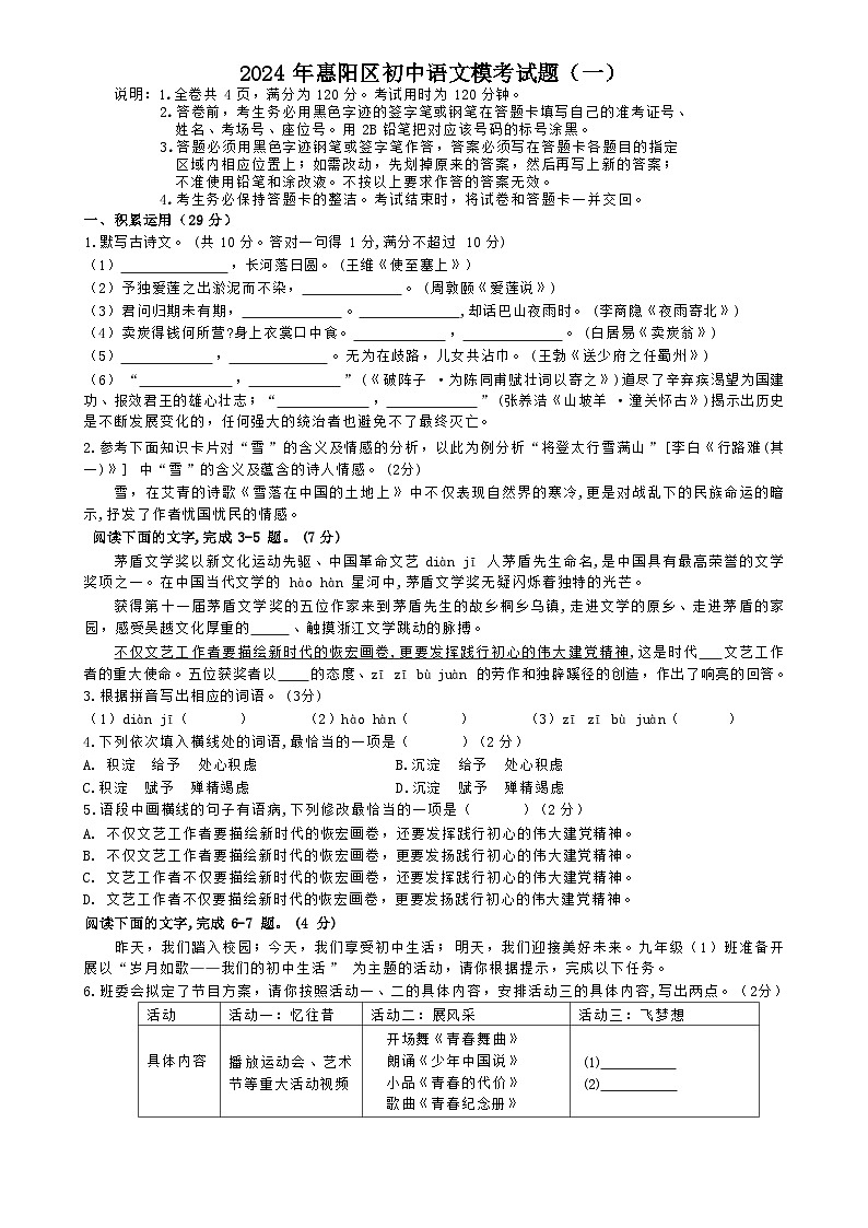 2024年广东省惠州市惠阳区中考一模语文试题01