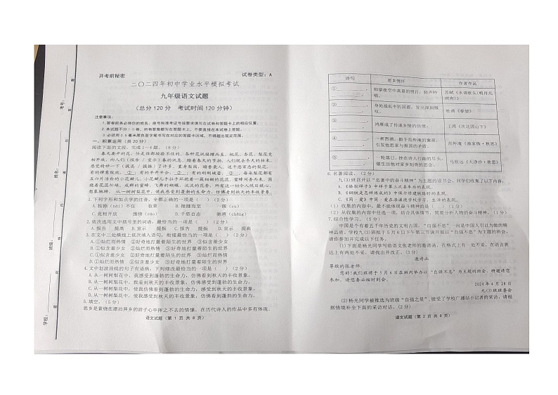 2024年山东省东营市广饶县中考一模语文试题第1页