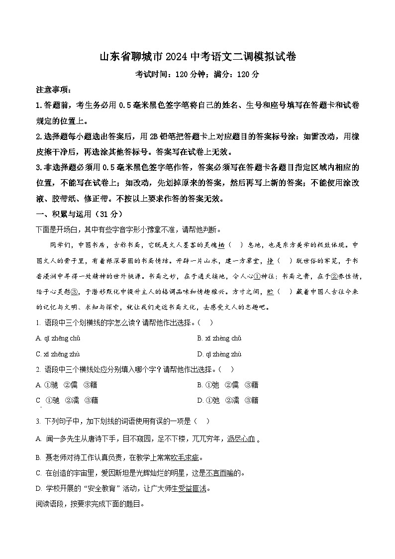 2024年山东省聊城市中考二模语文试题（原卷版+解析版）01