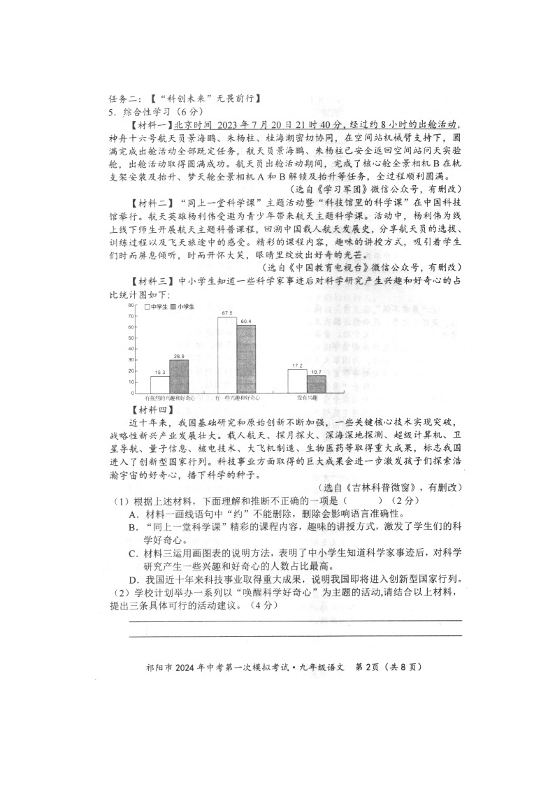 2024年湖南省祁阳市中考第一次模拟考试语文试题卷02