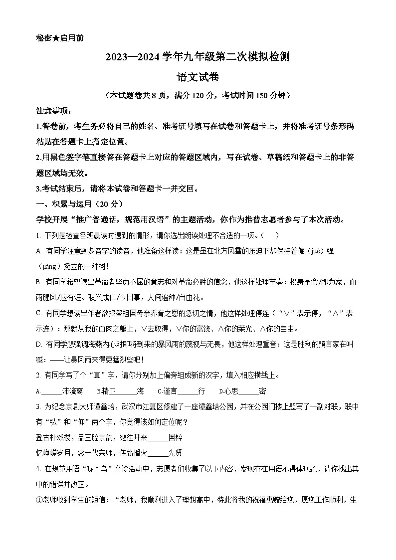 湖北省咸宁市通山县教联协作体2023-2024学年九年级下学期期中语文试题（原卷版）第1页