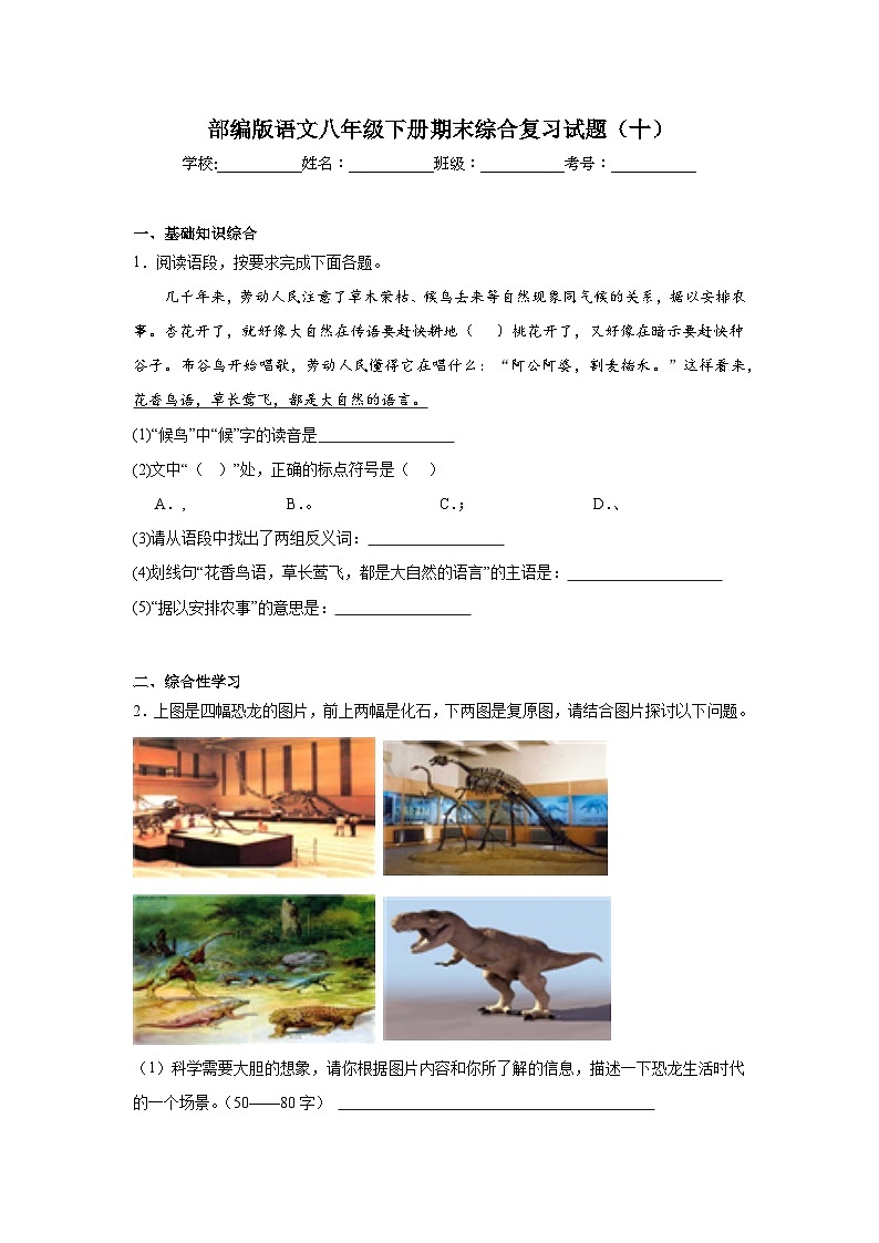 部编版语文八年级下册期末综合复习试题（十）第1页