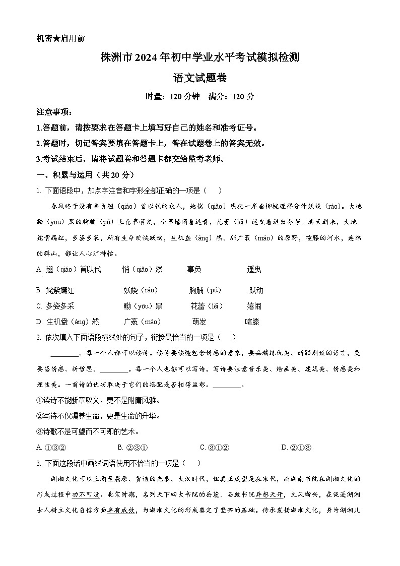 2024年湖南省株洲市中考一模语文试题（原卷版+解析版）01