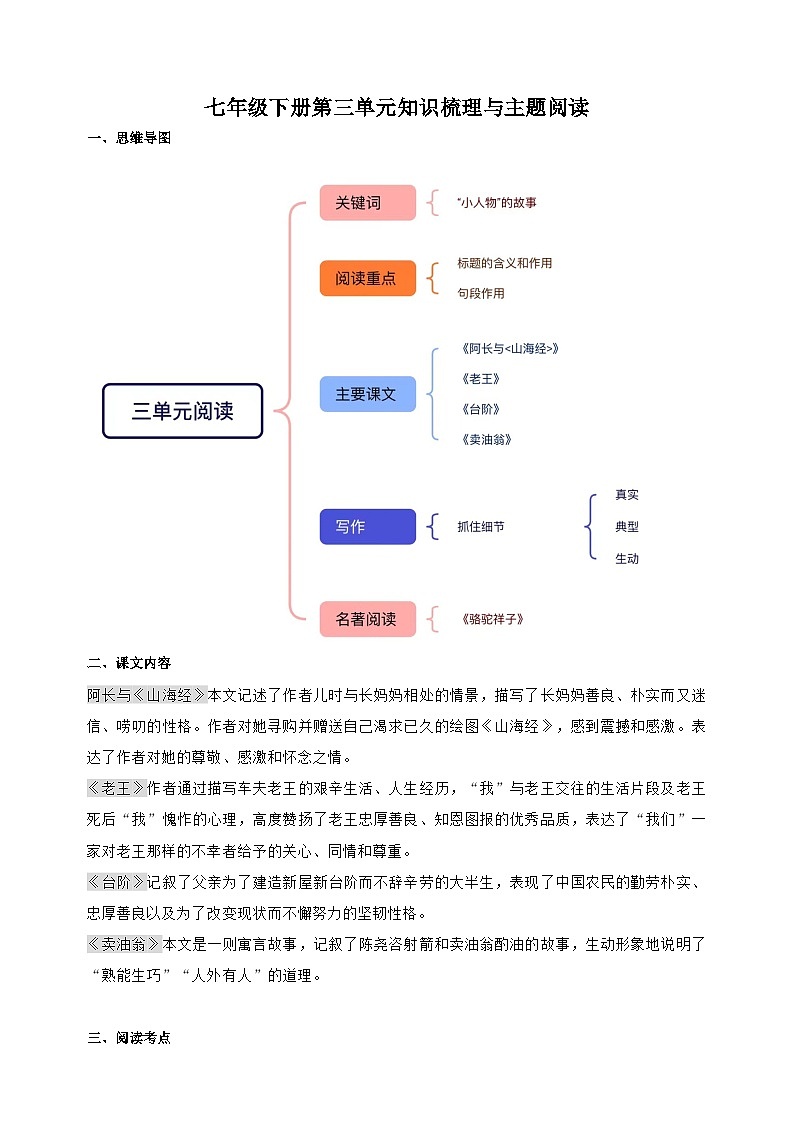 第三单元：“小人物”的故事-七年级下册语文单元知识梳理与主题阅读专项训练（统编版）第1页