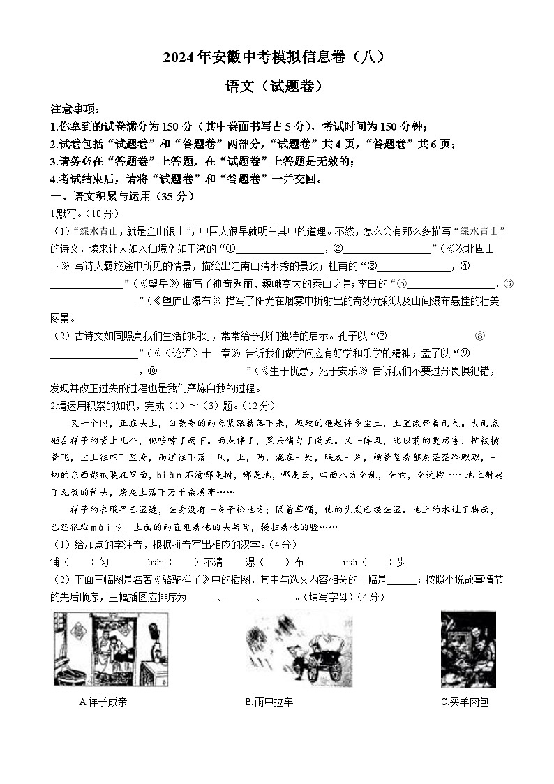 2024年安徽省阜阳市中考二模语文试题01