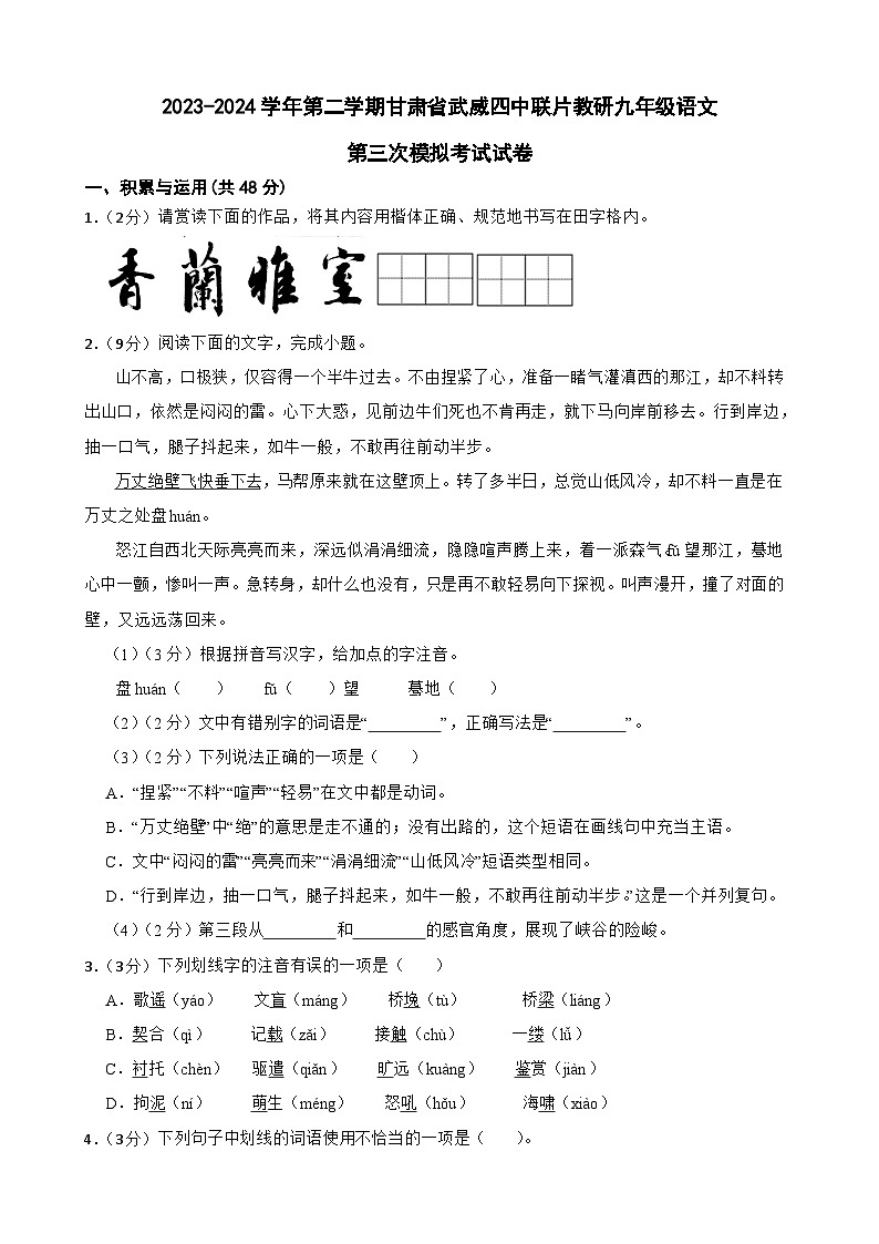 2024年甘肃省武威市凉州区武威四中教研联片中考三模语文试题01