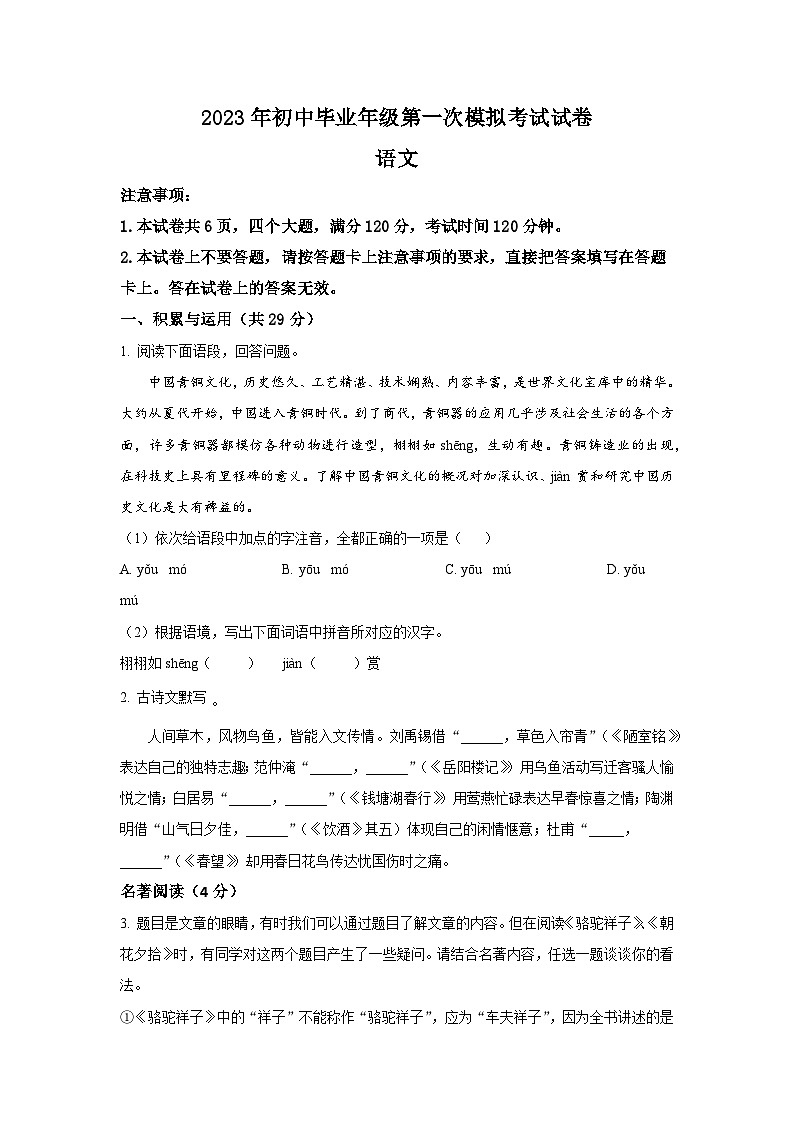 2023年河南省濮阳市中考一模语文试题（学生版）01
