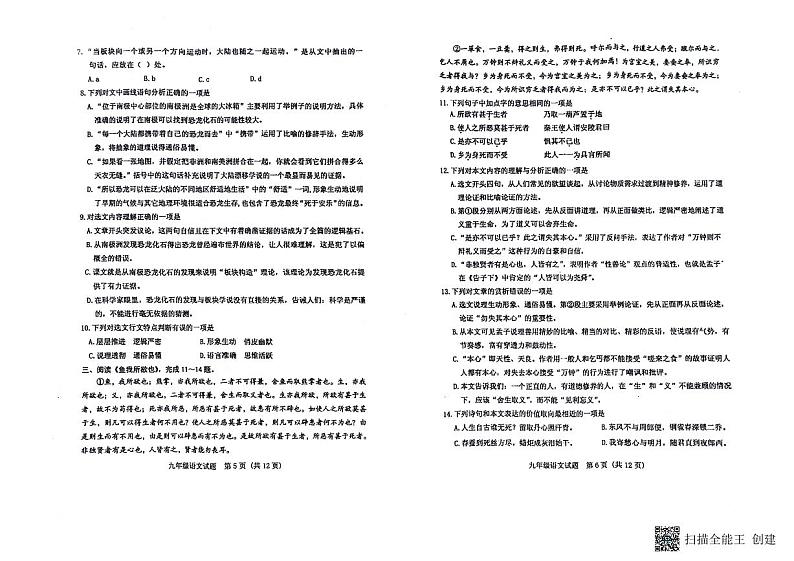 山东省泰安市肥城市2023-2024学年（五四学制）九年级下学期期中考试语文试题03