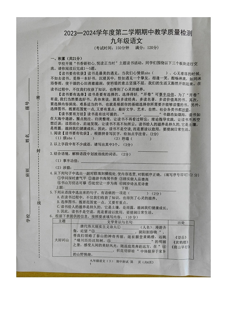 广西壮族自治区北海市合浦县2023-2024学年九年级下学期5月期中语文试题第1页
