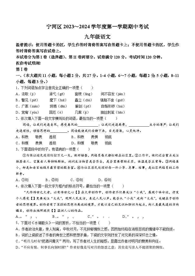 天津市宁河区2023-2024学年九年级上学期期中语文试题01