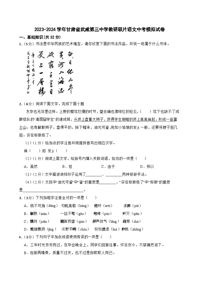 2024年甘肃省武威市凉州区武威三中教研联片中考二模语文试题01