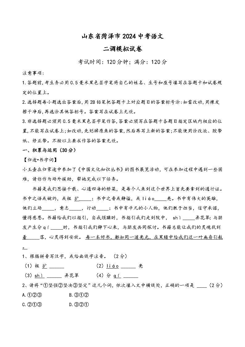 2024年山东省菏泽市中考语文二调模拟语文试卷01