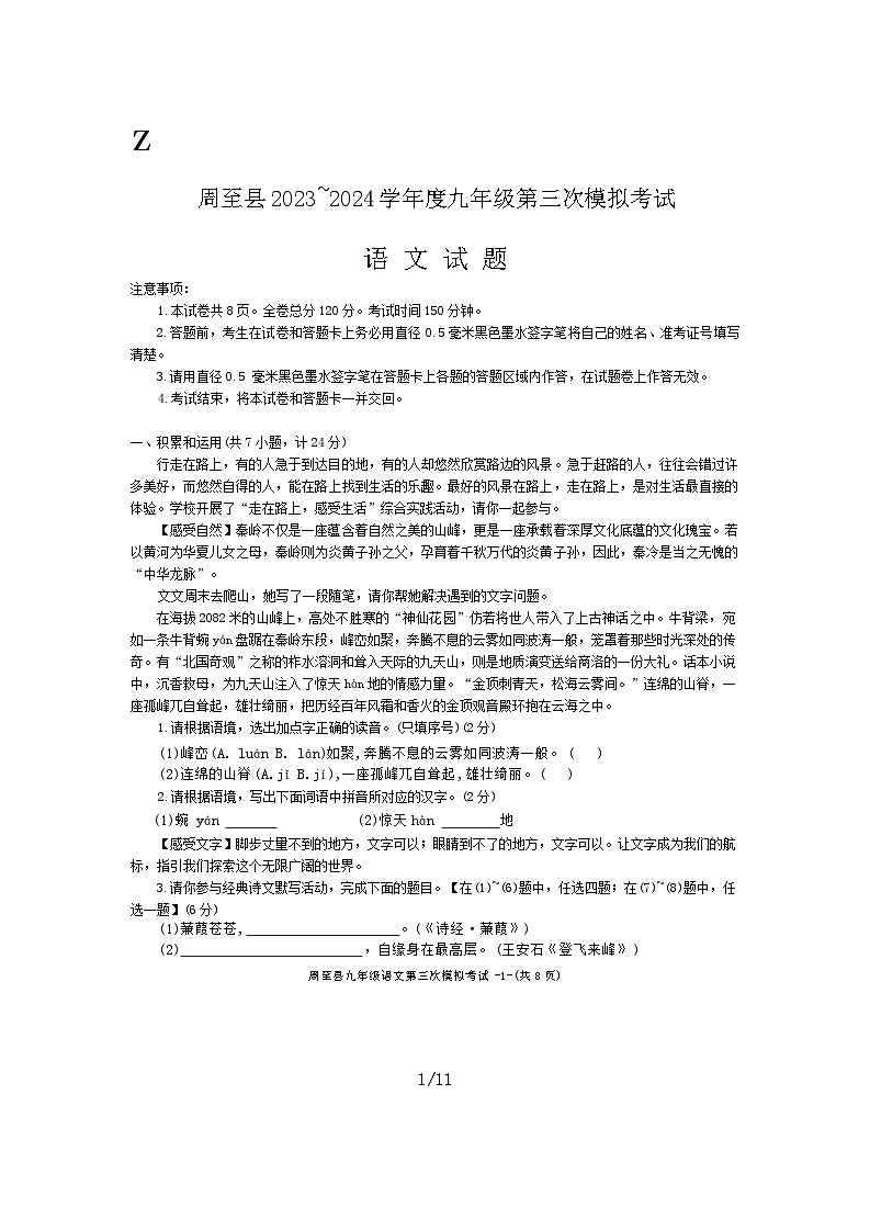 2024年陕西省西安市周至县中考三模语文试题01