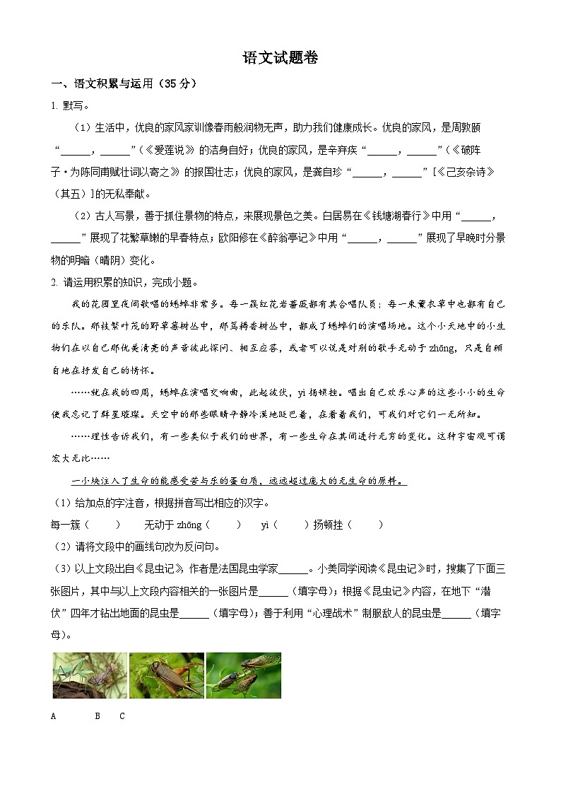 2024年安徽省淮北市淮北五校联考中考二模语文试题（原卷版+解析版）01