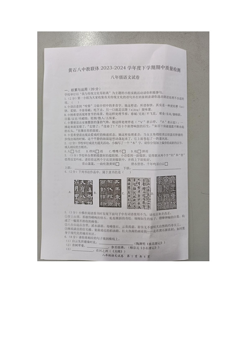 湖北省黄石市黄石港区黄石八中教联体2023-2024学年八年级下学期5月期中语文试题01