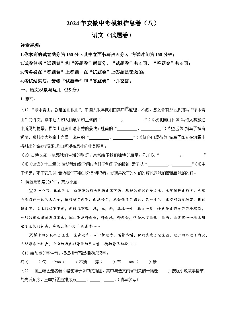 2024年安徽省阜阳市中考二模语文试题（原卷版+解析版）01