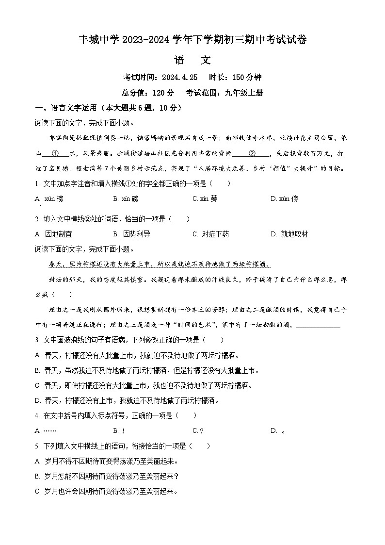 江西省丰城中学2023-2024学年九年级下学期期中语文试题（原卷版）第1页