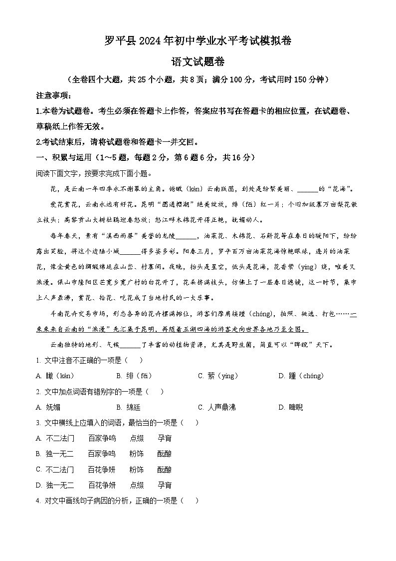 2024年云南省曲靖市罗平县中考模拟语文试题（原卷版+解析版）01