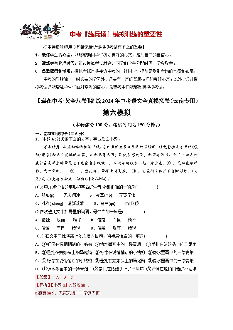 模拟卷06-【赢在中考·模拟8卷】备战2024年中考语文全真模拟卷（云南专用）01