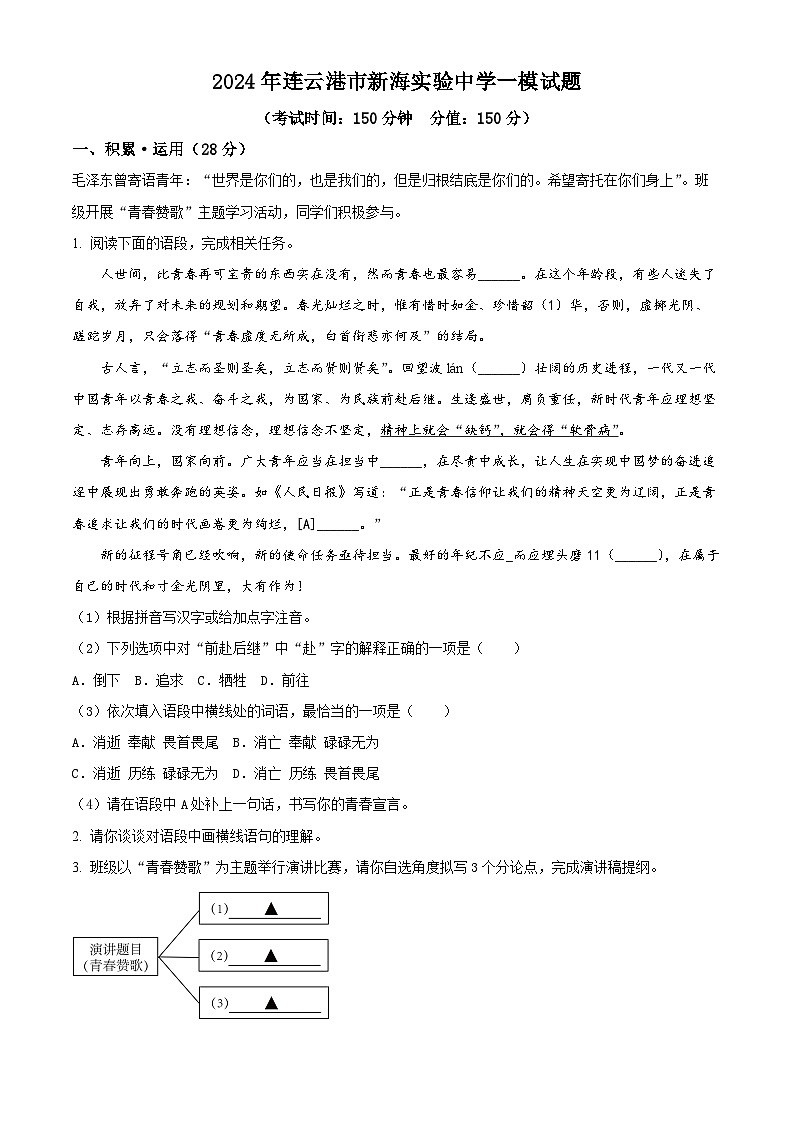江苏省连云港市新海实验中学2023-2024学年九年级下学期期中语文试题（解析版）第1页