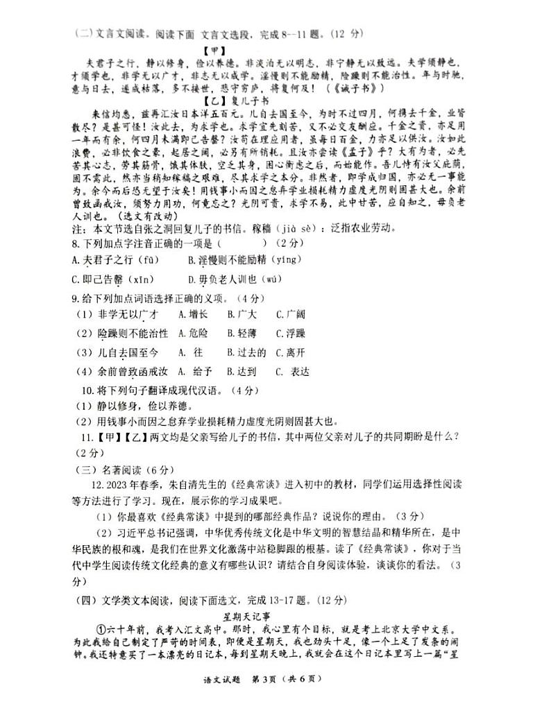 海南省省直辖县级行政单位临高县2023-2024学年九年级下学期5月期中语文试题第3页