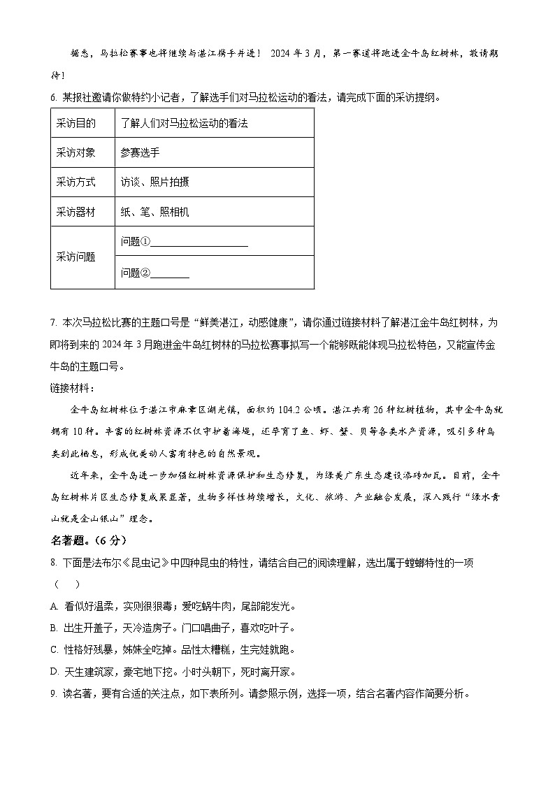 2024年广东省梅州市部分学校中考一模语文试题（原卷版+解析版）03