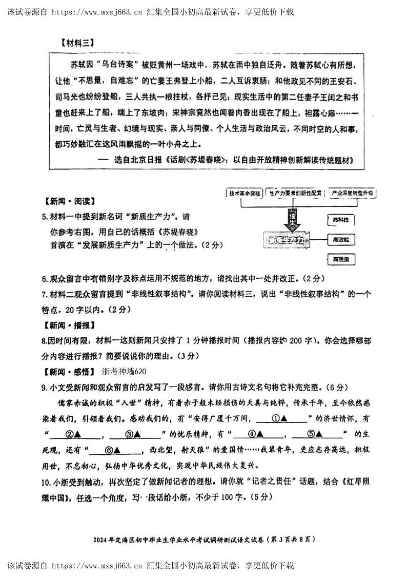 2024年浙江省年舟山定海区中考一模语文试卷第3页