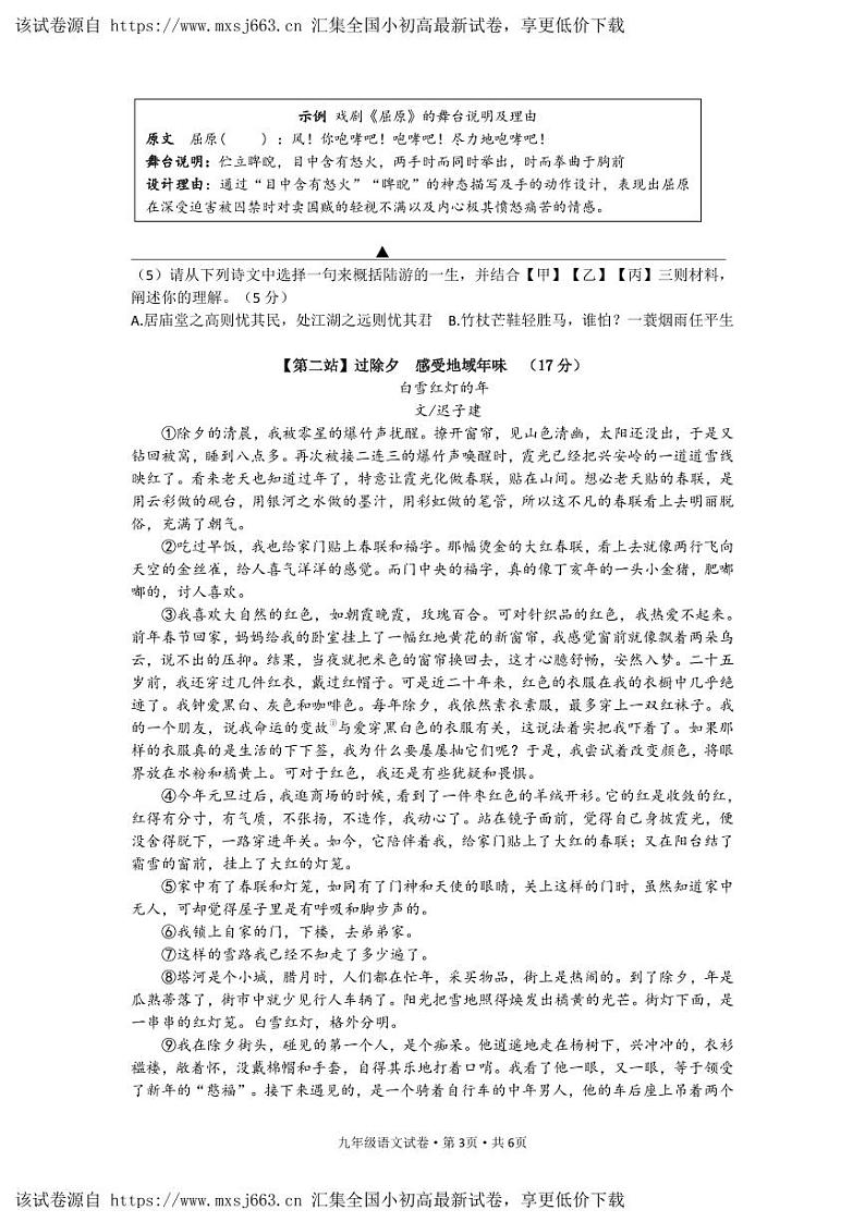 浙江省杭州市淳安县2023-2024学年九年级下学期期中检测语文试题第3页