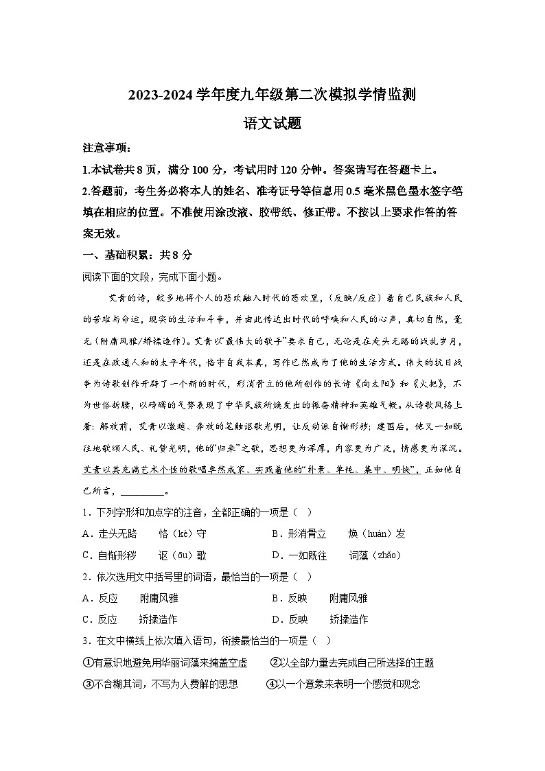 2024年山东省济宁市金乡县中考二模语文试题（含解析）01
