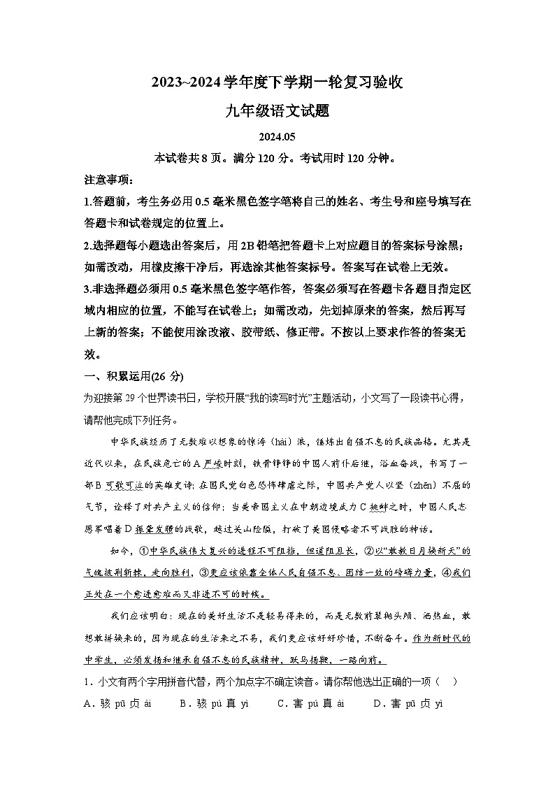 2024年山东省临沂市临沭县中考一模语文试题（含解析）01