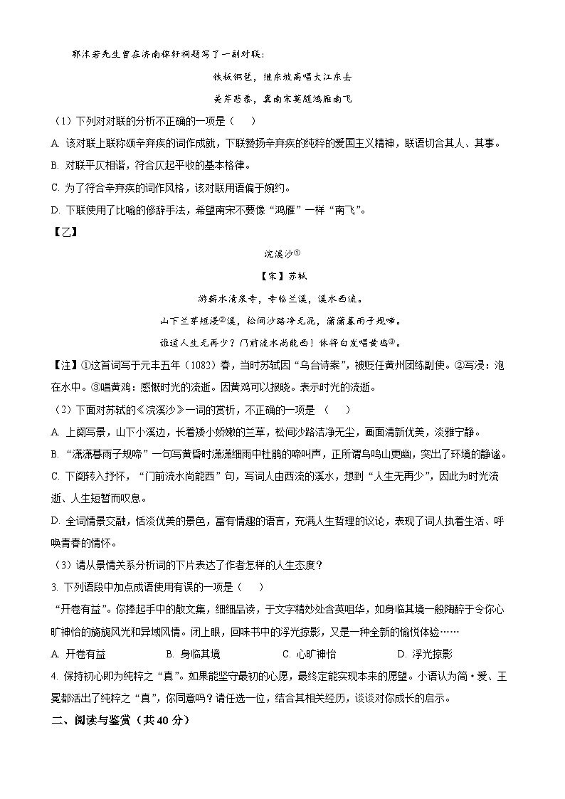 2024年山东省枣庄市山亭区中考一模语文试题（原卷版+解析版）02