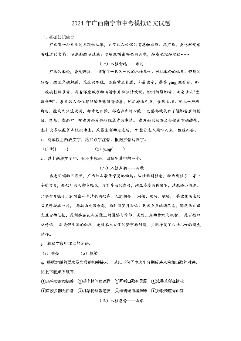 2024 年广西南宁市中考模拟语文试题01