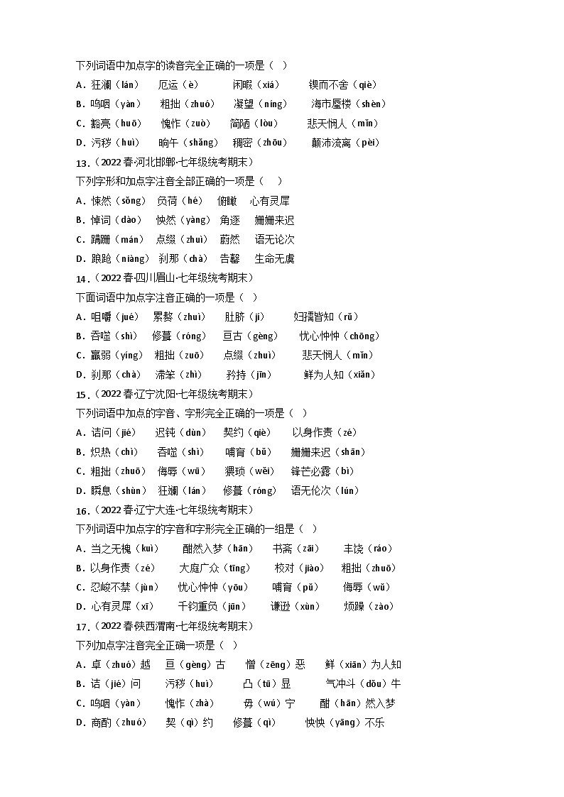专题01 字音字形（原卷版）2023-2024学年七年级下册期末专项复习（全国版）第3页