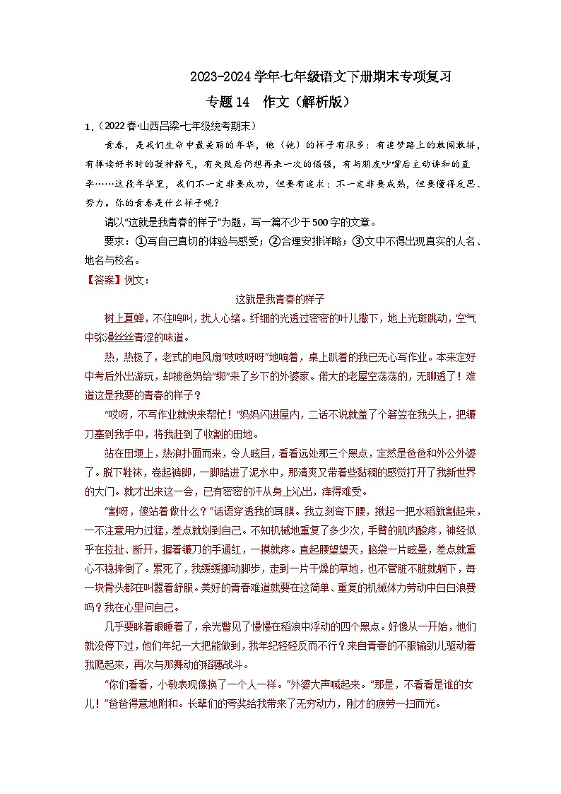 专题14 作文2023-2024学年七年级语文下册期末专项复习（全国通用）01
